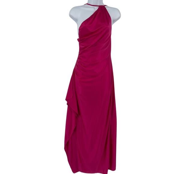 Y2K Satin Assymetric Halter Evening Dress Sz S Ruched Drape Maxi Coquette Prom - Picture 1 of 9